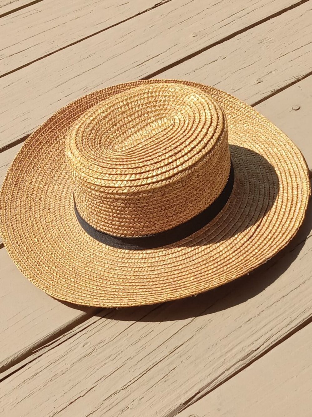 Women's Straw Boater Hat with Black Grosgrain Ribbon - Medium